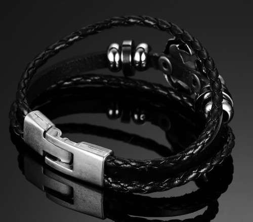 Exquizite Vintage Anchor Bracelet Black Leather