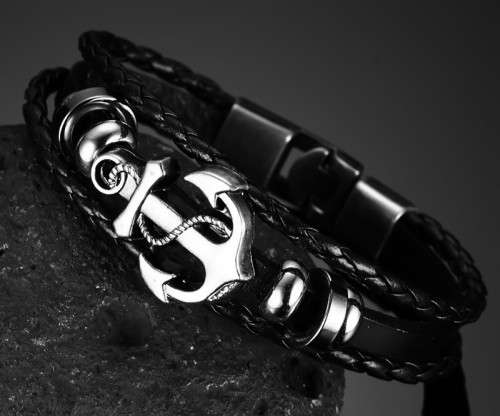 Exquizite Vintage Anchor Bracelet Black Leather