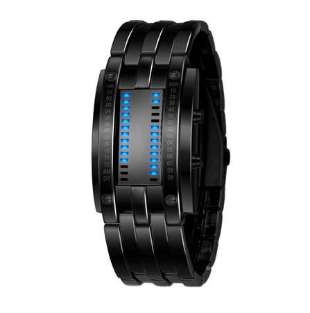 Blue Binary Luminous LED Electronic Display Watch - Stainless Steel (Black)
