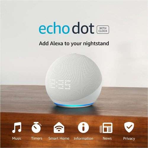 Echo Dot (5th Gen, 2022 release) with clock | Smart speaker with clock and Alexa | Glacier White