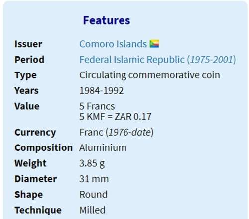 RARE! Comores 5 Francs World Fisheries Conference (1984)