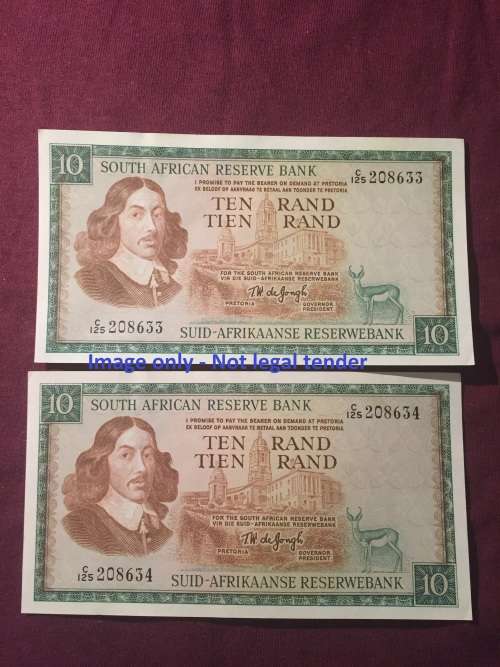 2x UNC TW De Jongh R10 in number sequence
