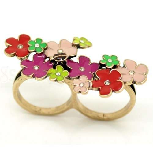 Gold Tone Enamel Flower Two Fingers Double Rings