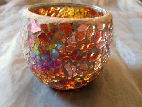 THIS IS AN EXQUISITE GLASS TEA LIGHT HOLDER-BEAUTIFUL COLOURED GLASS PIECE - NICE PIECE!!!!