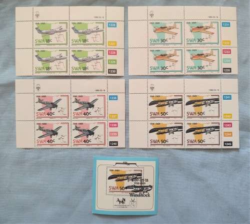 SWA - 1989 75th Anniversary of Aviation in SWA Set 4 x MNH Control Blocks + Minisheet!