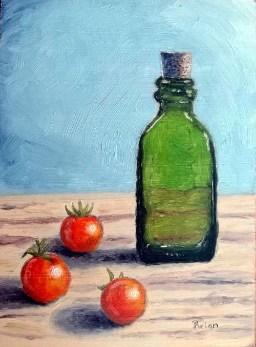 Cherry tomatoes and miniature bottle