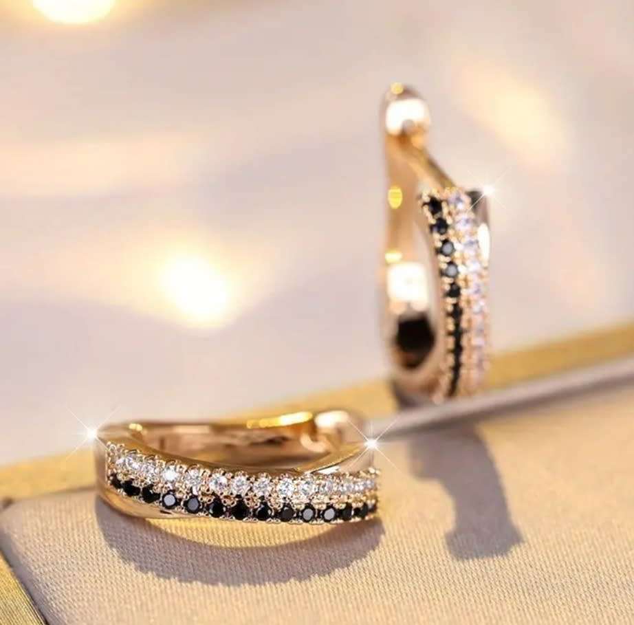 Black & White Cubic Zirconia Cuff Earrings in Yellow Gold Plating