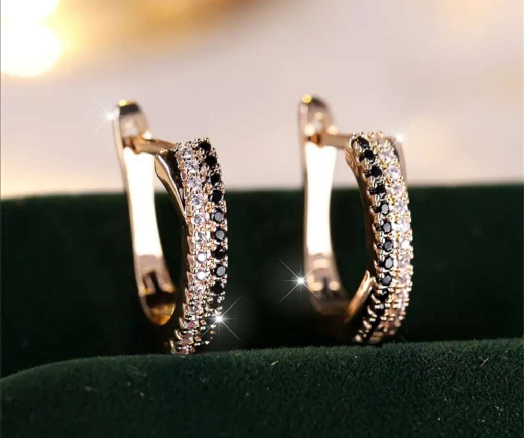 Black & White Cubic Zirconia Cuff Earrings in Yellow Gold Plating