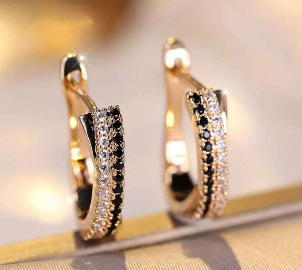 Black & White Cubic Zirconia Cuff Earrings in Yellow Gold Plating