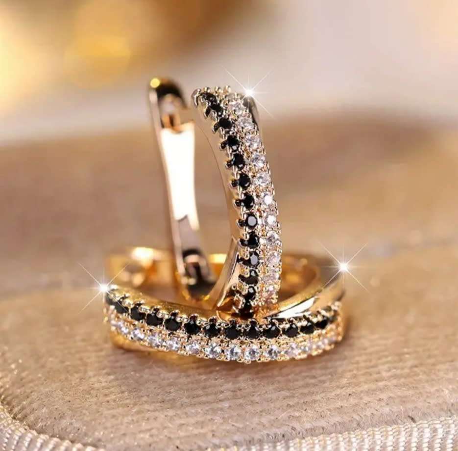 Black & White Cubic Zirconia Cuff Earrings in Yellow Gold Plating