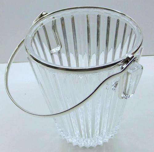 Antique CRYSTAL  ICE BUCKET  SILVER-PLATET on BRASS HANDLE and RIM