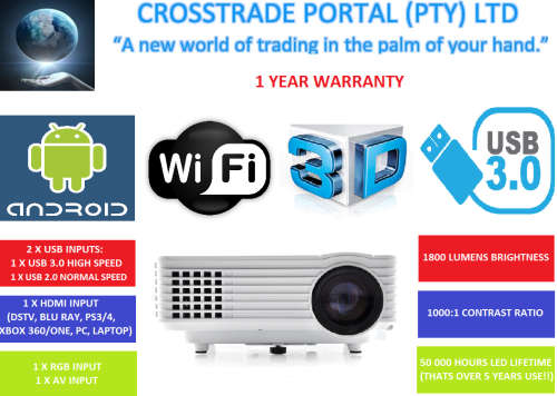 Android 4.4, WI-FI,1800 Lumens, Full HD 3D Projector for use with DSTV, Game consoles, Bluray, etc