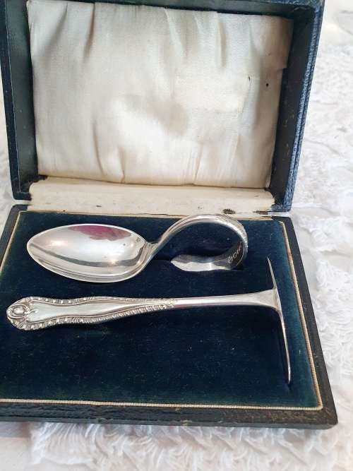 antique Baby Feed set box SILVER / STAMPED