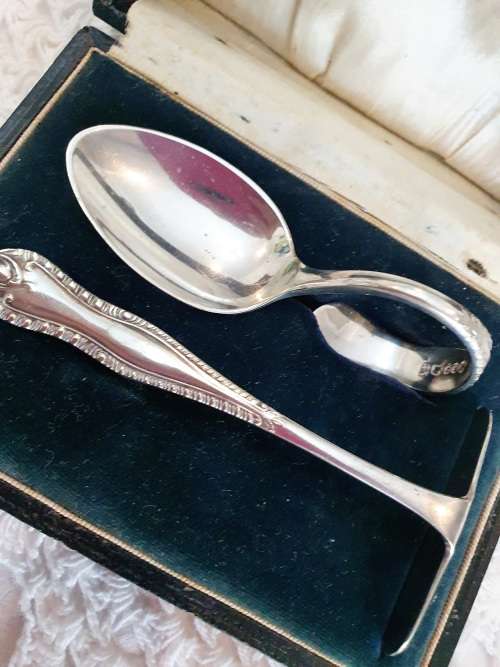 antique Baby Feed set box SILVER / STAMPED