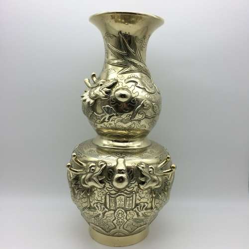 Amazing Early Large Signed Chinese Brass Dragon Vase