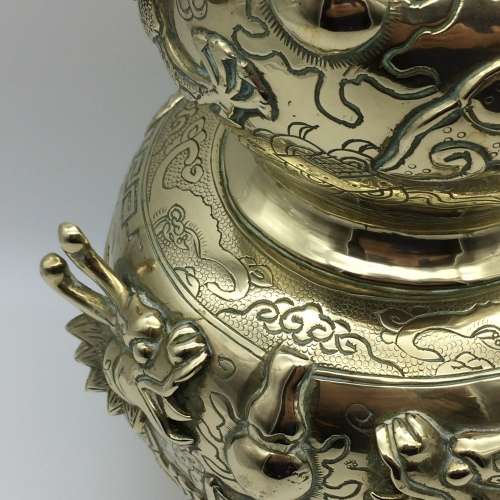 Amazing Early Large Signed Chinese Brass Dragon Vase