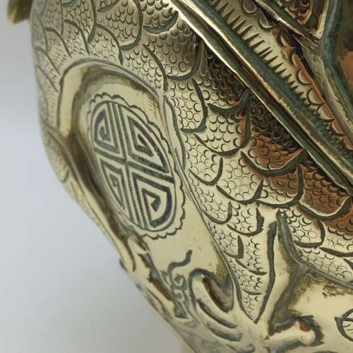 Amazing Early Large Signed Chinese Brass Dragon Vase