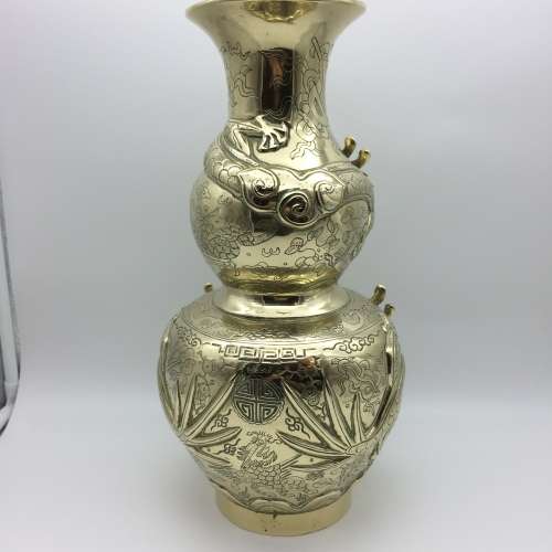 Amazing Early Large Signed Chinese Brass Dragon Vase