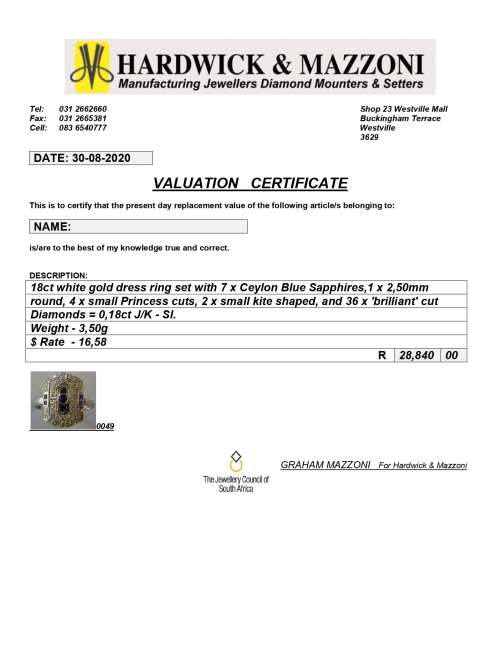 18ct White Gold Diamond and Sapphire Dress Ring ( Val. Certificate R28 840 )