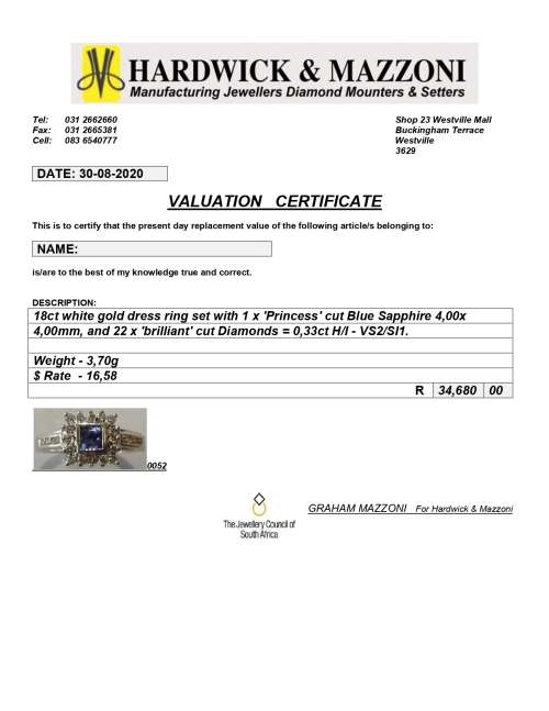 18ct White Gold, Blue Sapphire and Diamond Ring ( Val. Certificate R34 680 )