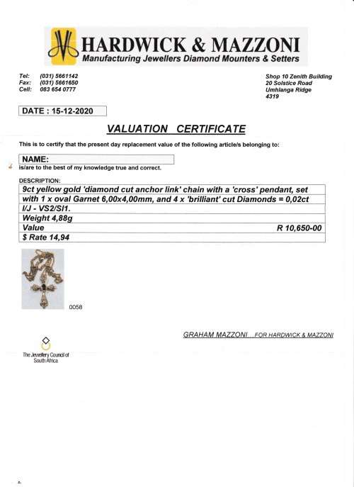Attractive 9ct Gold, Diamond and Garnet Cross and Chain ( Val. Certificate R10 650 )