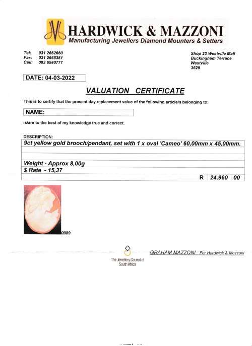 Early 9ct Gold large Cameo Brooch or Pendant