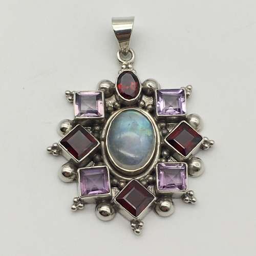 Vintage Silver and Garnet, Amethyst and Moonstone Pendant