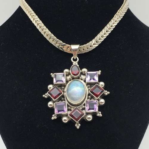 Vintage Silver and Garnet, Amethyst and Moonstone Pendant