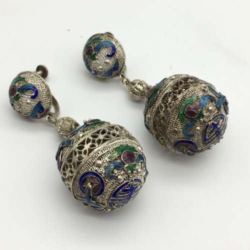 Vintage `Chinese Lantern and Enamel` Drop Earrings