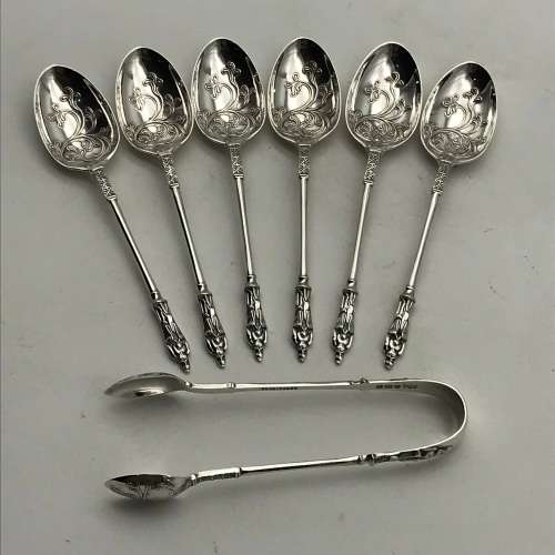 Victorian Sterling Silver Teaspoons & Tongs (Cased)