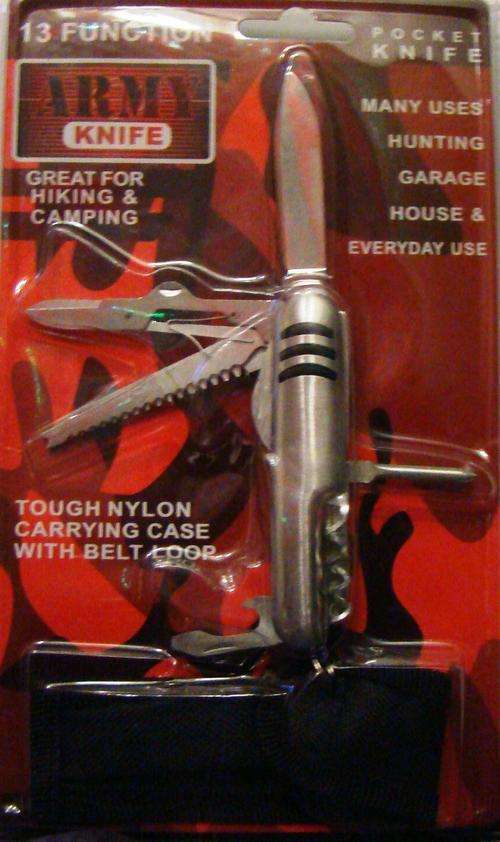 13 FUNCTION ARMY KNIFE WITH TOUGH NYLON BELT POUCH AND RUBBER HANDLE GRIP