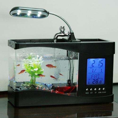 Fascinating Desktop Fish Tank Aquarium with Clock, Date, Thermometer and Pen Holder in Black!
