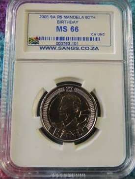 SA R5 Mandela 90th Birthday coin certified MS66