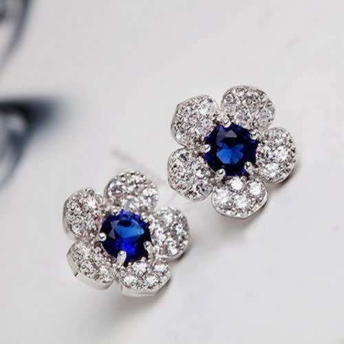 Elegant Women Fashion New Blue Crystal Flower Ear Studs Earrings
