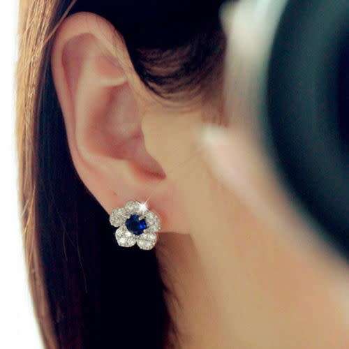 Elegant Women Fashion New Blue Crystal Flower Ear Studs Earrings