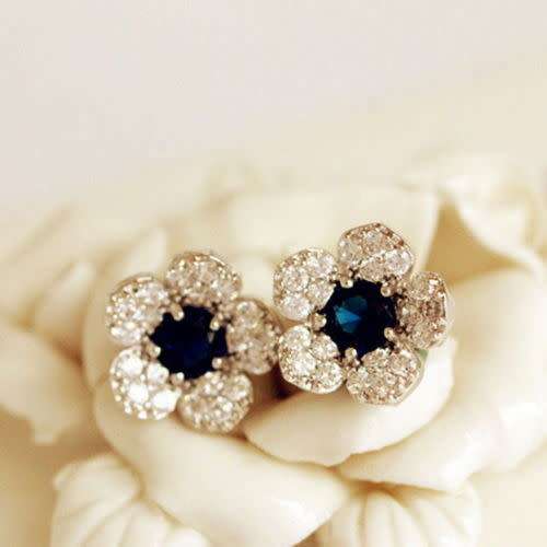 Elegant Women Fashion New Blue Crystal Flower Ear Studs Earrings