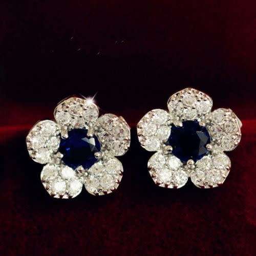 Elegant Women Fashion New Blue Crystal Flower Ear Studs Earrings