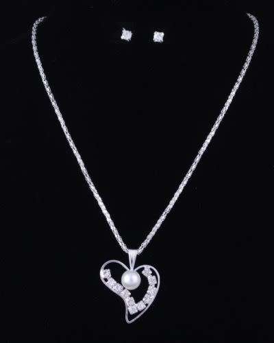Silver Wedding Necklace Earrings Set Crystal Rhinestone Heart Faux Pearl Jewelry