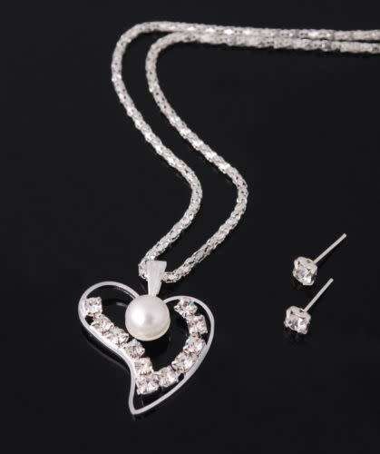 Silver Wedding Necklace Earrings Set Crystal Rhinestone Heart Faux Pearl Jewelry
