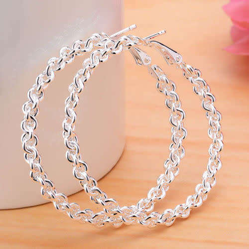 Fashion Women Chic Twist Chain 925 Silver Dangle Hoop Earrings