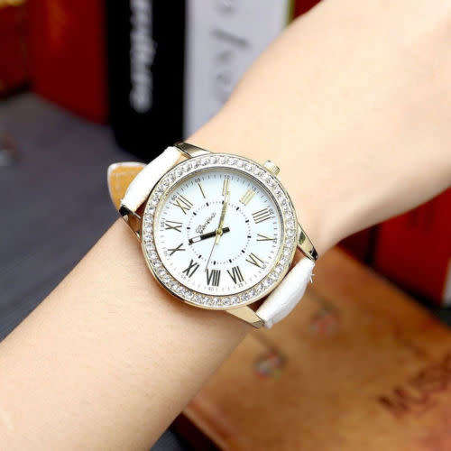 Geneva Women's Leather Date Roman Rhinestone Analog Wrist Watch