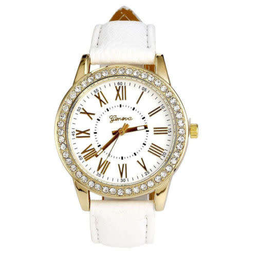 Geneva Women's Leather Date Roman Rhinestone Analog Wrist Watch