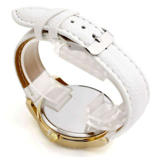 Geneva Women's Leather Date Roman Rhinestone Analog Wrist Watch