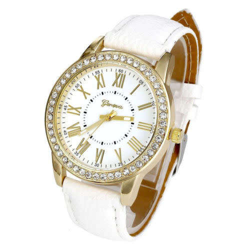Geneva Women's Leather Date Roman Rhinestone Analog Wrist Watch