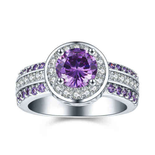 White gold plated purple jewellery for women diamond round fashion party Cocktail rings size7;8;9 US