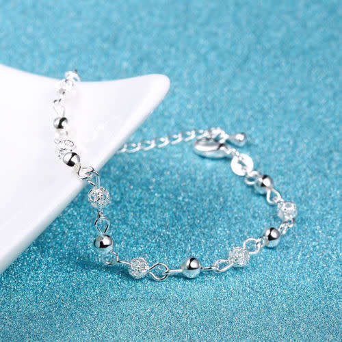 925 Sterling Silver Crystal Ball Chain Bangle Cuff Bracelet