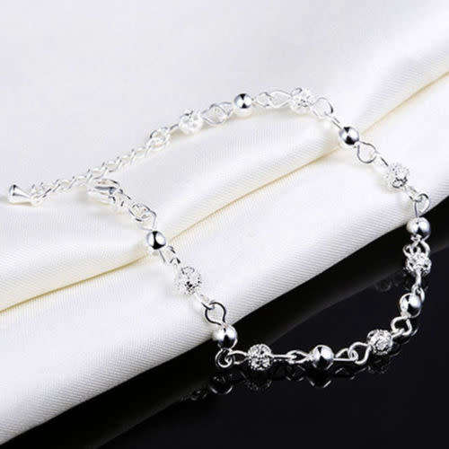 925 Sterling Silver Crystal Ball Chain Bangle Cuff Bracelet