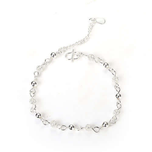 925 Sterling Silver Crystal Ball Chain Bangle Cuff Bracelet