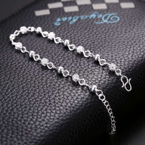 925 Sterling Silver Crystal Ball Chain Bangle Cuff Bracelet