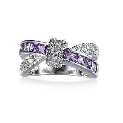 Purple Amethyst Criss Cross White Gold Filled Ring Size 8